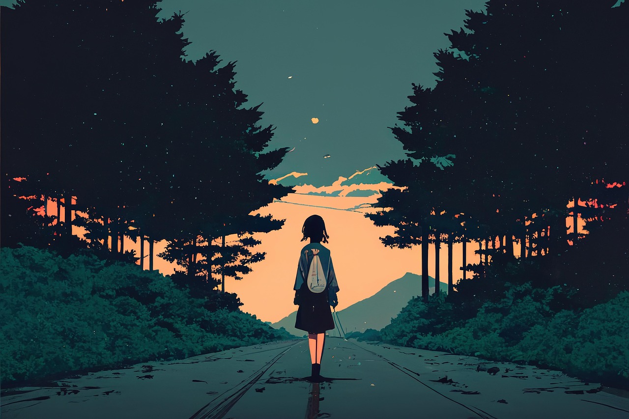 “Manga-style illustration of a solitary student standing on a quiet road surrounded by tall trees at sunset, gazing toward distant mountains.”