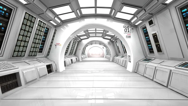 A bright, futuristic white corridor with arched structures, illuminated ceiling panels, and rows of control consoles along both sides.