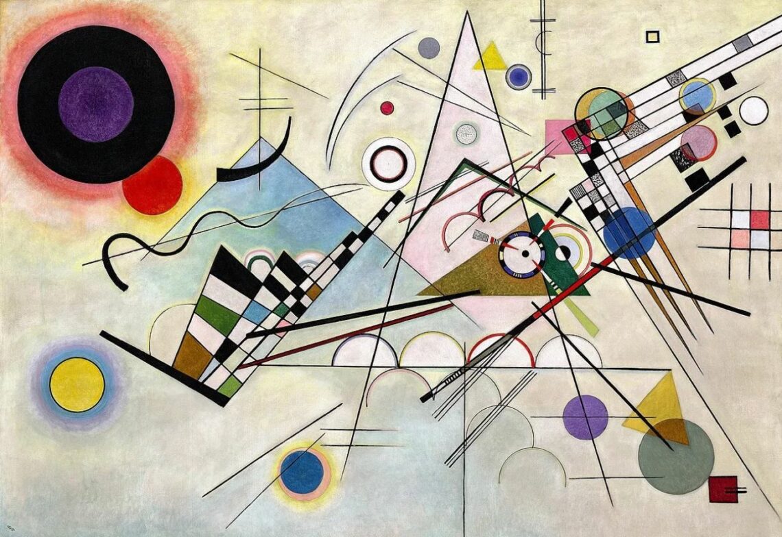“Abstract modernist painting with geometric shapes, intersecting lines, circles, triangles, and vibrant colors in a style characteristic of Wassily Kandinsky.”