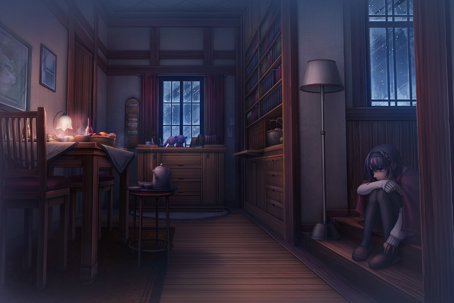 “Manga-style illustration of a girl sitting alone on a wooden step in a dimly lit room, looking thoughtful as snow falls outside the window.”