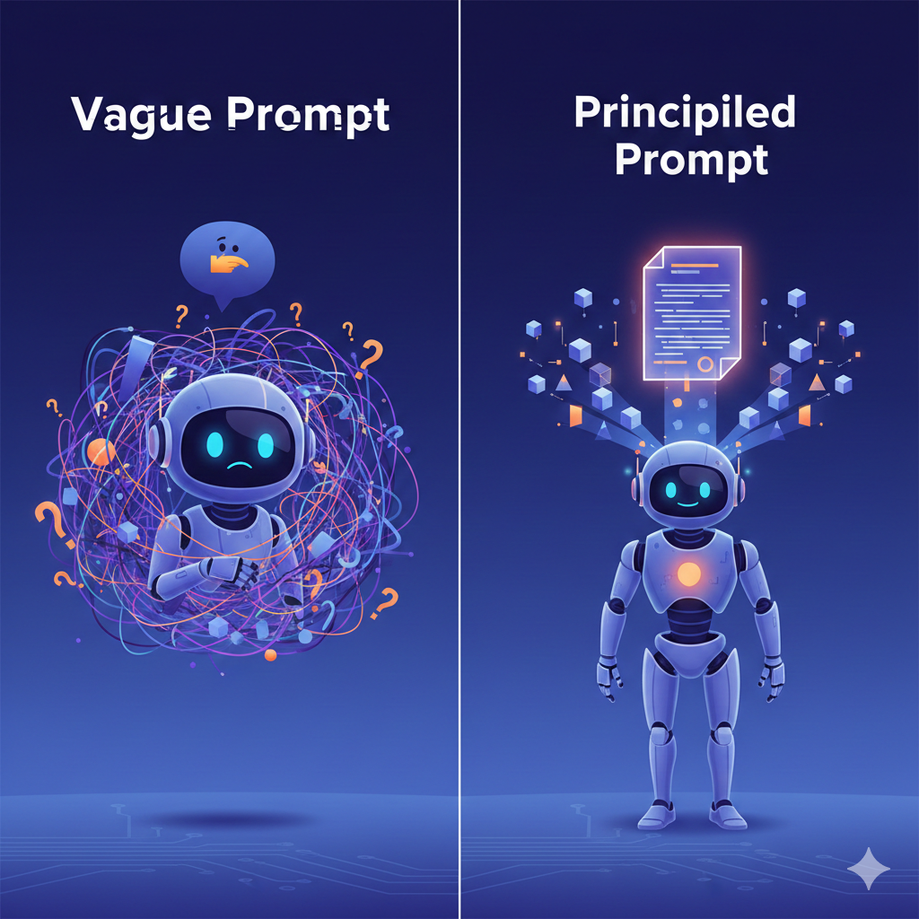 Split-screen illustration showing a comparison between vague and principled prompting. On the left, a confused robot is tangled in a messy ball of purple wires, question marks, and abstract data, labeled "Vague Prompt." On the right, a confident, glowing robot is generating a perfect, structured document hologram from neat, organized geometric data blocks, labeled "Principled Prompt."