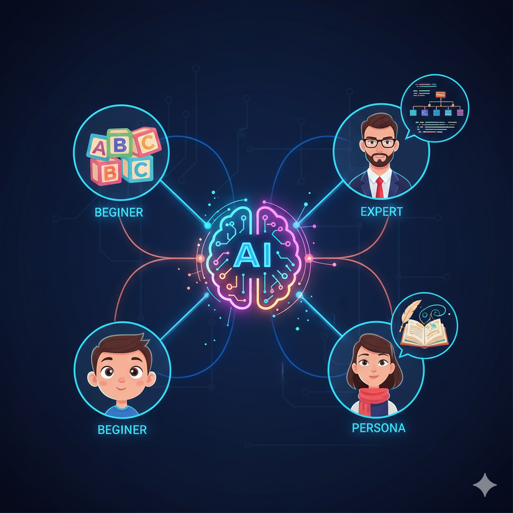 Illustration showing a central, stylized, glowing AI brain sending specific data streams along three different pathways. One path leads to a child avatar (Beginner, with ABC blocks), another to a business professional (Expert, with a flowchart), and the third to a writer (Persona, with a quill and storybook). This visualizes how the LLM adapts its output based on the specified role and audience.