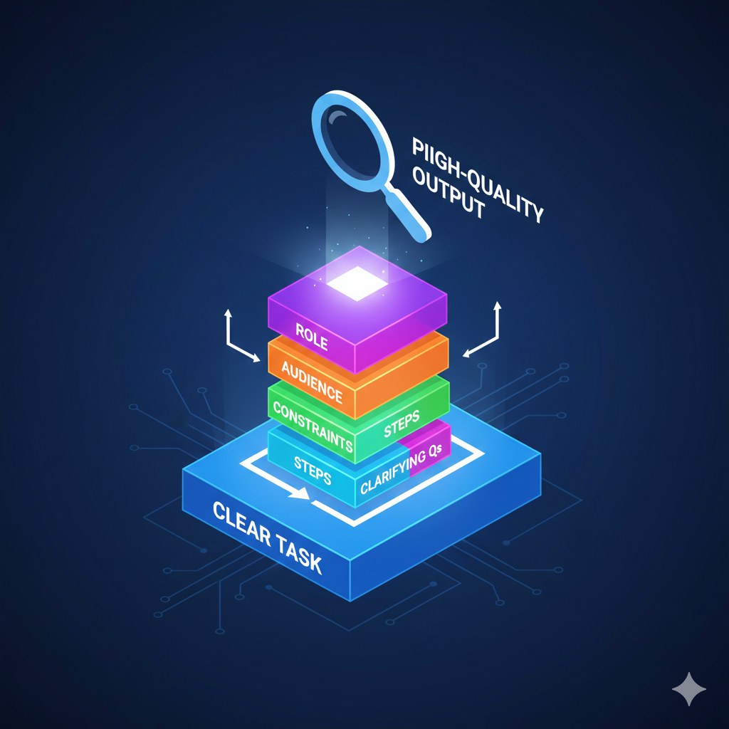 Holographic, isometric illustration of a multi-layered structure resembling a technical blueprint. The large foundation block is labeled "CLEAR TASK." Smaller blocks stacked on top are labeled "ROLE," "AUDIENCE," "CONSTRAINTS," "STEPS," and "CLARIFYING Qs," all interlocking perfectly. The complete structure is solid and glowing, representing a high-quality final output. A magnifying glass emphasizes the precision.